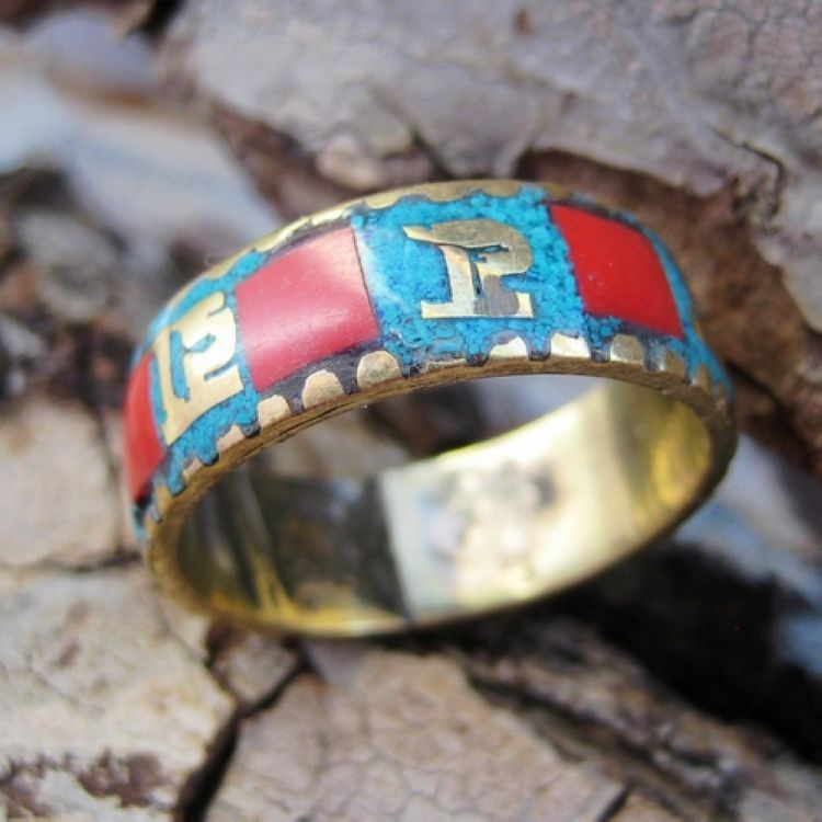 Nepal Handmade Brass Turquoise Red Coral Ring